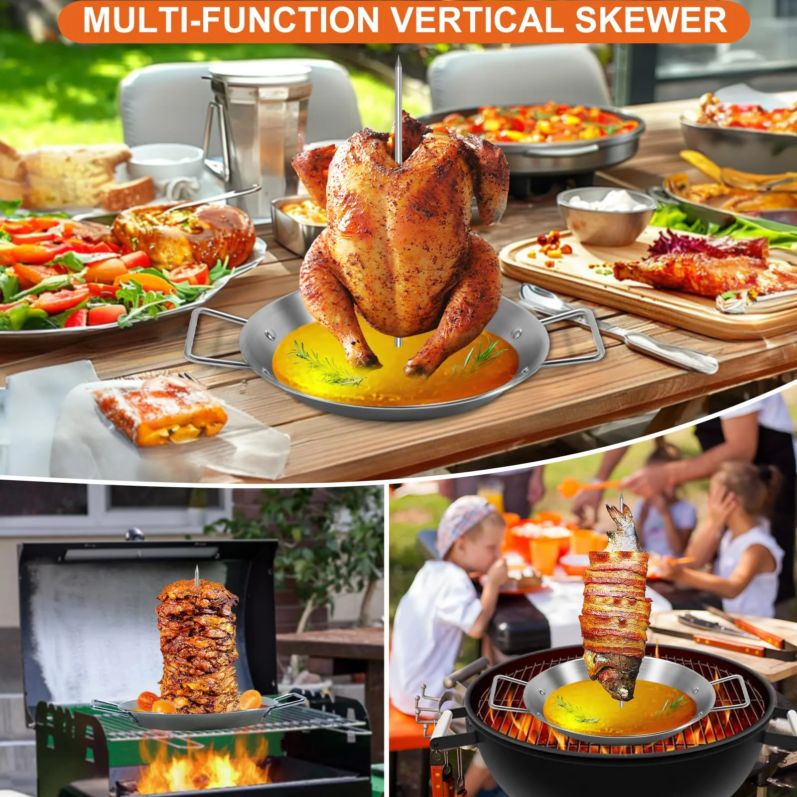 Al Pastor Skewer for Grill, Stainless Steel Vertical Skewer, Brazilian Vertical Spit Stand with 3 Removable Spikes(8/10"/12)& Brushes, for Tacos Al Pastor, Shawarma Kebabs Smoker Oven BBQ Dishes