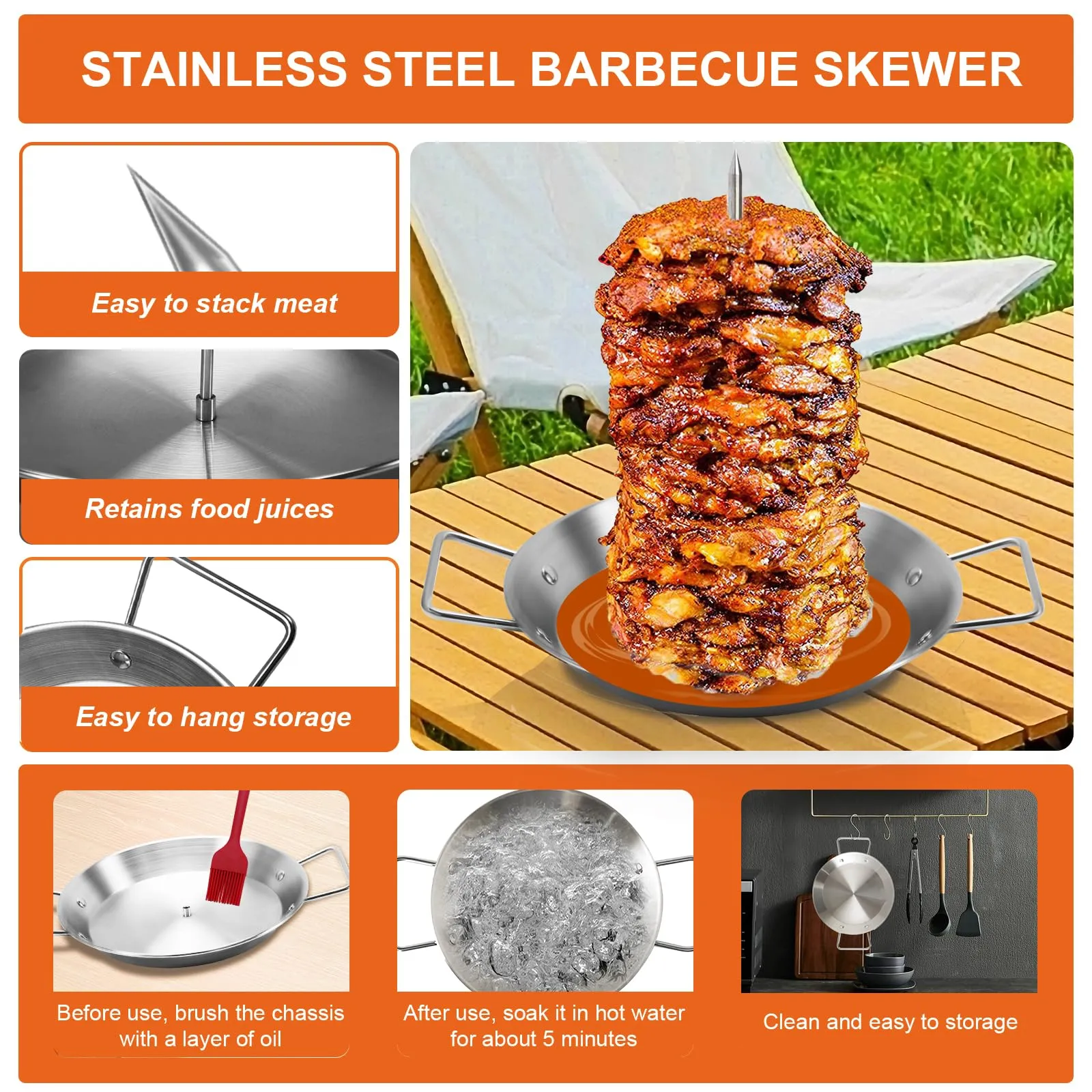 Al Pastor Skewer for Grill, Stainless Steel Vertical Skewer, Brazilian Vertical Spit Stand with 3 Removable Spikes(8/10"/12)& Brushes, for Tacos Al Pastor, Shawarma Kebabs Smoker Oven BBQ Dishes