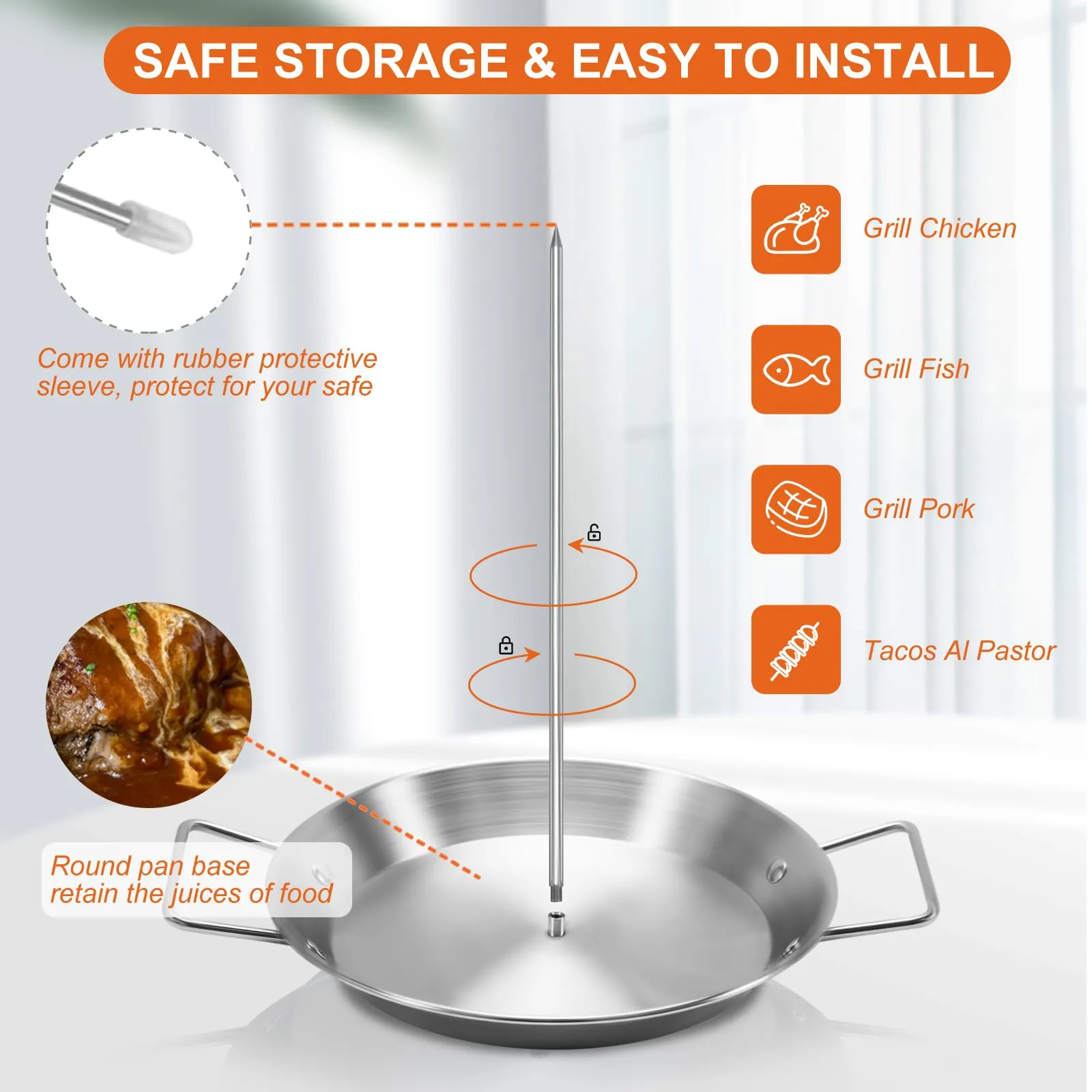 Al Pastor Skewer for Grill, Stainless Steel Vertical Skewer, Brazilian Vertical Spit Stand with 3 Removable Spikes(8/10"/12)& Brushes, for Tacos Al Pastor, Shawarma Kebabs Smoker Oven BBQ Dishes
