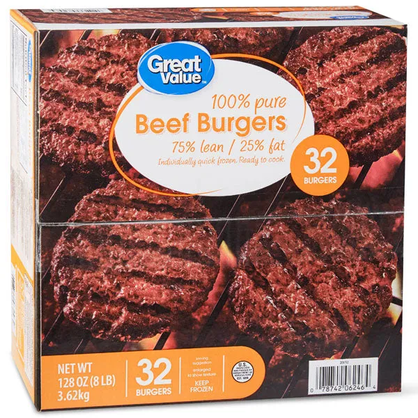 Great Value 100% Pure Beef Patties, 8 lb, 32 Count
