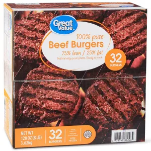 Great Value 100% Pure Beef Patties, 8 lb, 32 Count