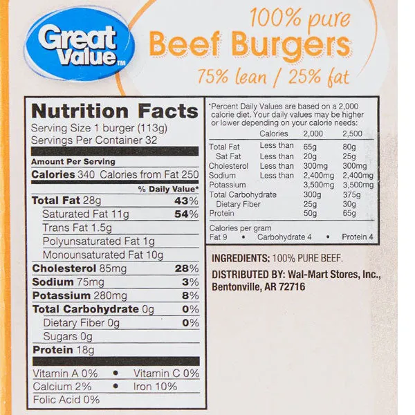 Great Value 100% Pure Beef Patties, 8 lb, 32 Count