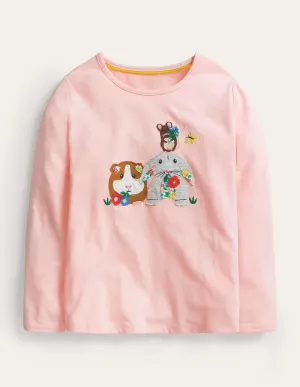 Long Sleeve Appliqué Top-Pink Guinea Pig