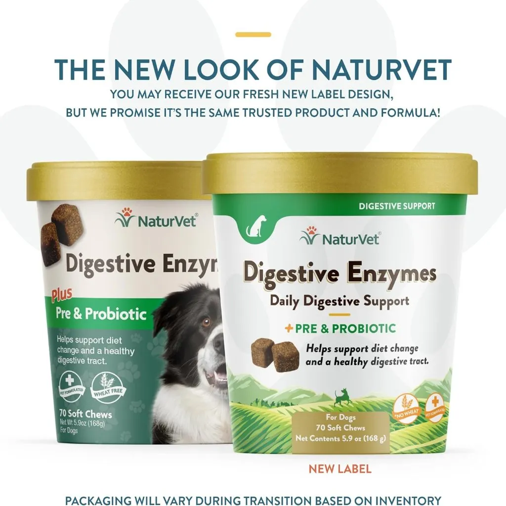 NaturVet Digestive Enzymes Soft Chews Daily Digestive Support with Pre & Probiotic for Dogs, 70 count