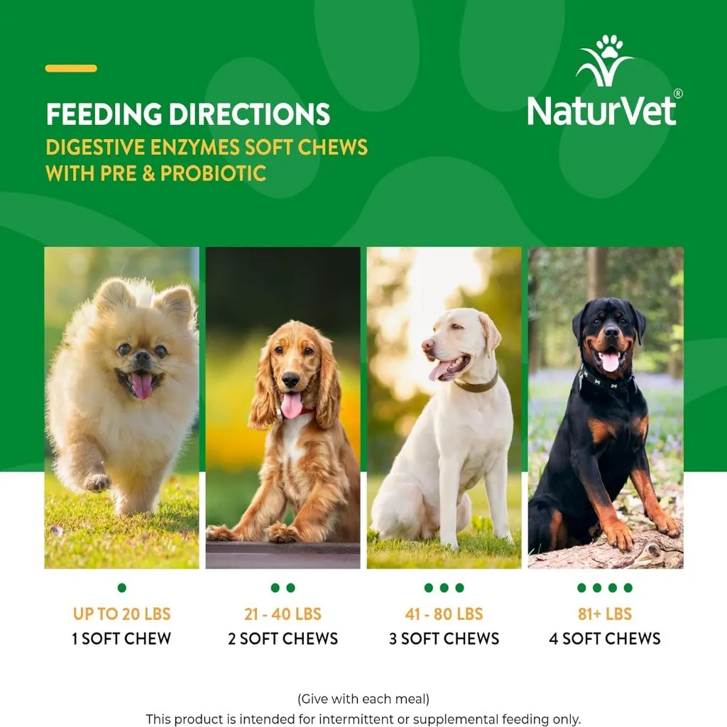 NaturVet Digestive Enzymes Soft Chews Daily Digestive Support with Pre & Probiotic for Dogs, 70 count