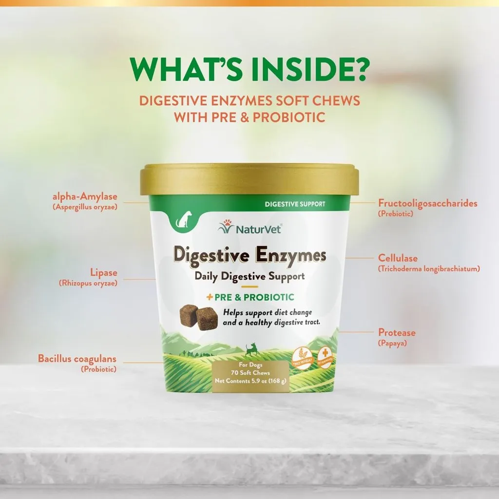 NaturVet Digestive Enzymes Soft Chews Daily Digestive Support with Pre & Probiotic for Dogs, 70 count