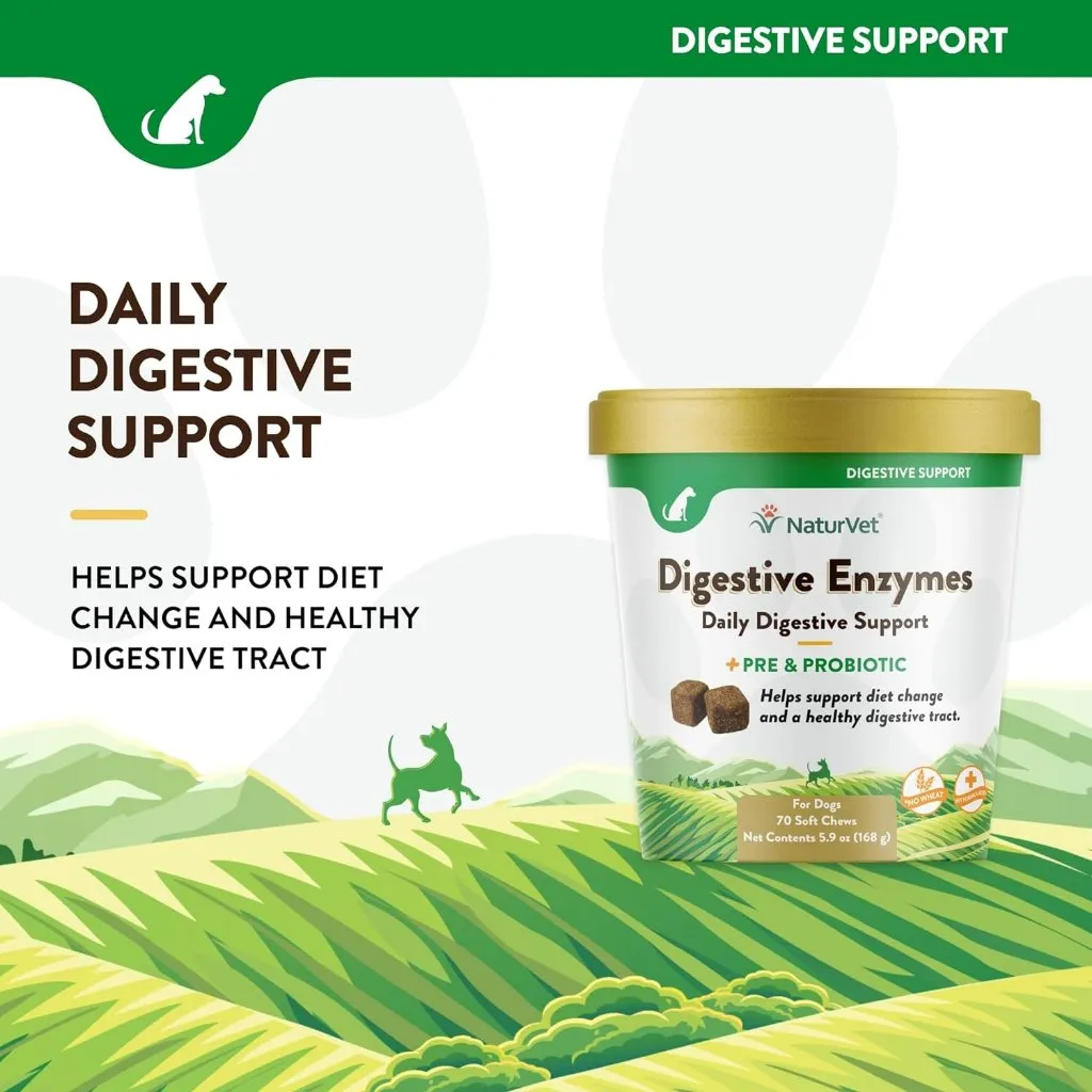NaturVet Digestive Enzymes Soft Chews Daily Digestive Support with Pre & Probiotic for Dogs, 70 count